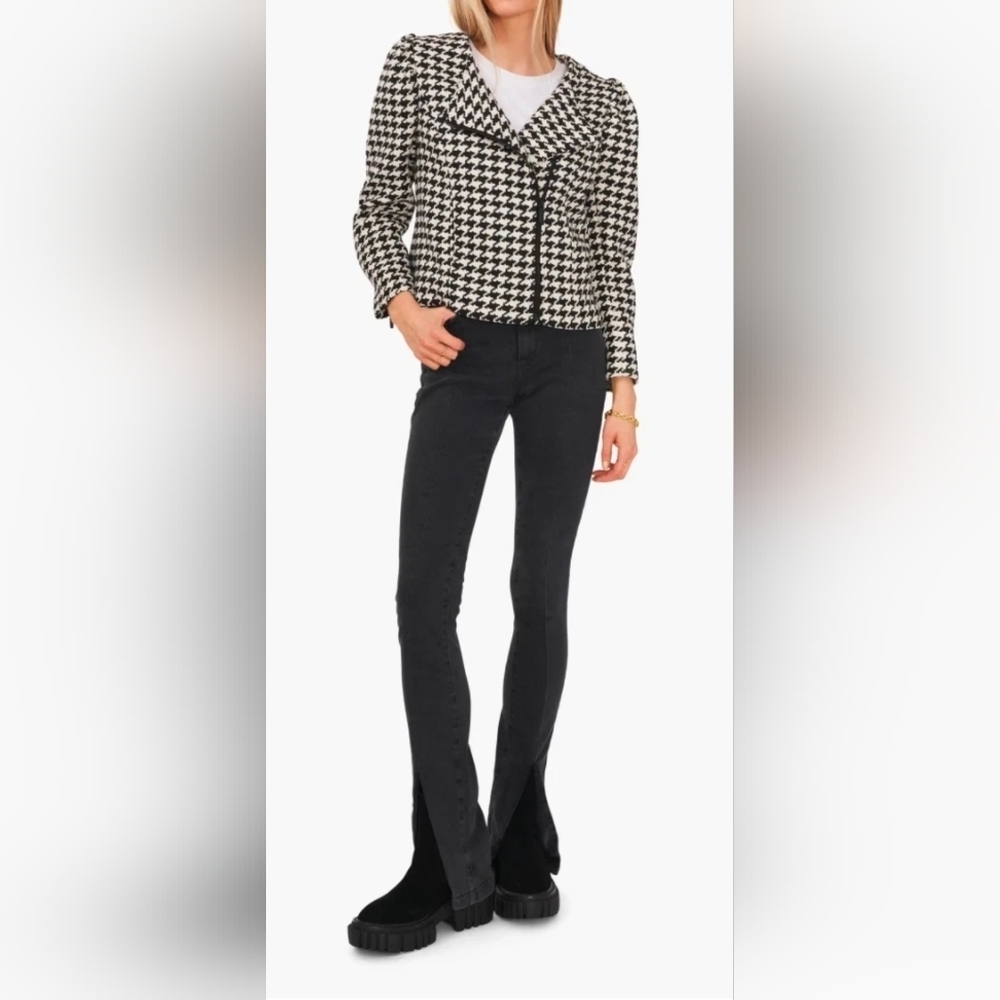 Vince Camuto NWT White/Black Houndstooth Puff Shoulder Moto Jacket Size 2X